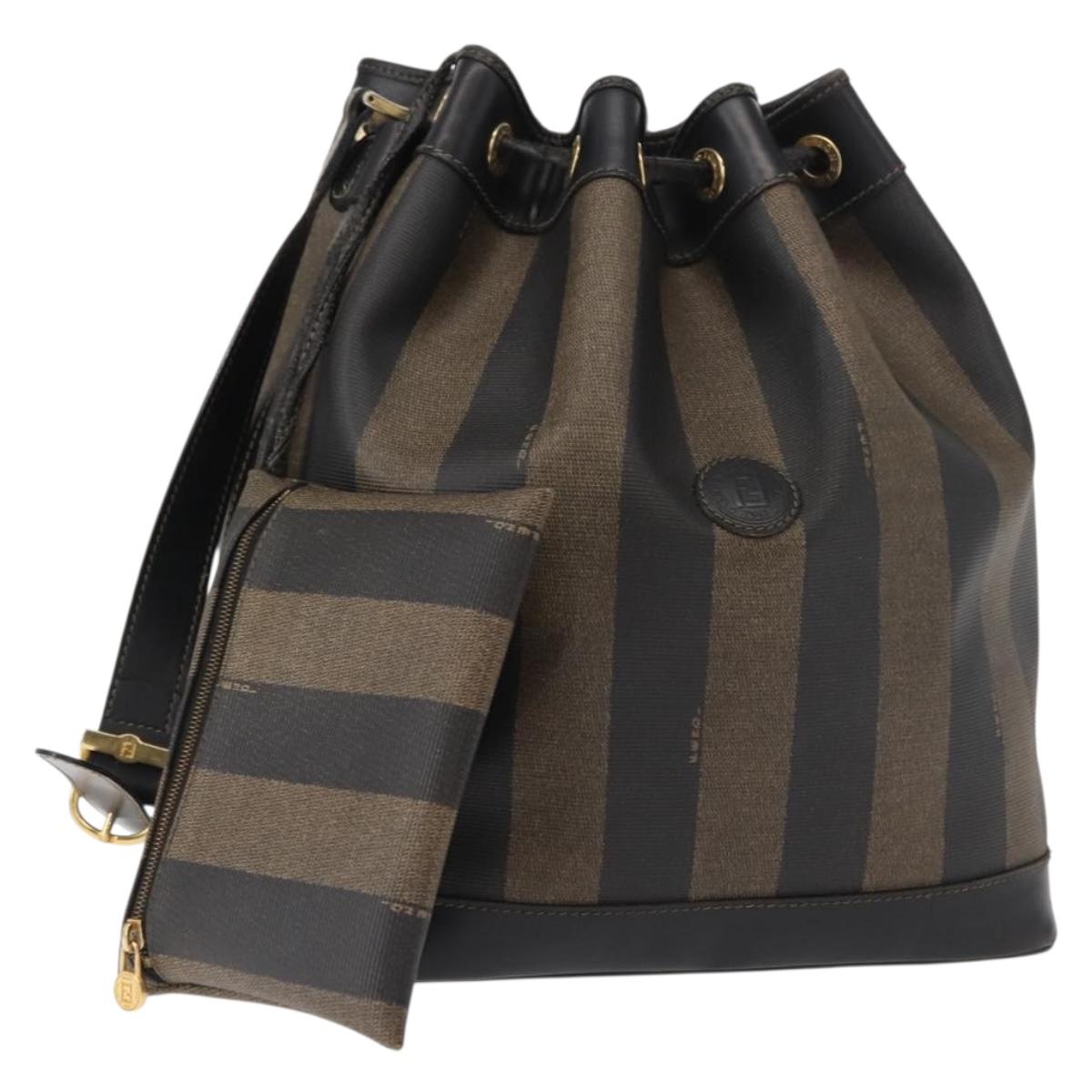 FENDI Pecan Canvas Shoulder Bag PVC Black Brown gold Auth 146873