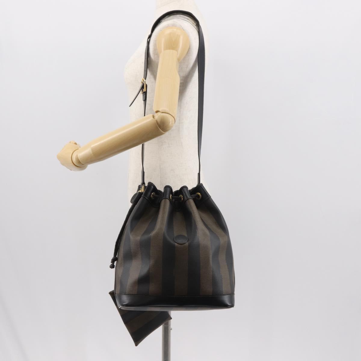 FENDI Pecan Canvas Shoulder Bag PVC Black Brown gold Auth 146873