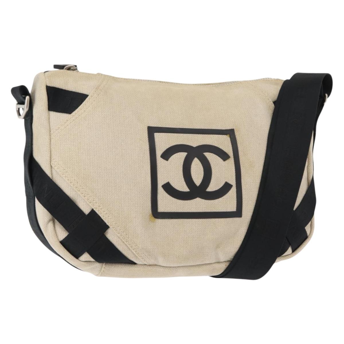 CHANEL Sports COCO Mark Shoulder Bag Canvas Beige Silver CC Auth 146878