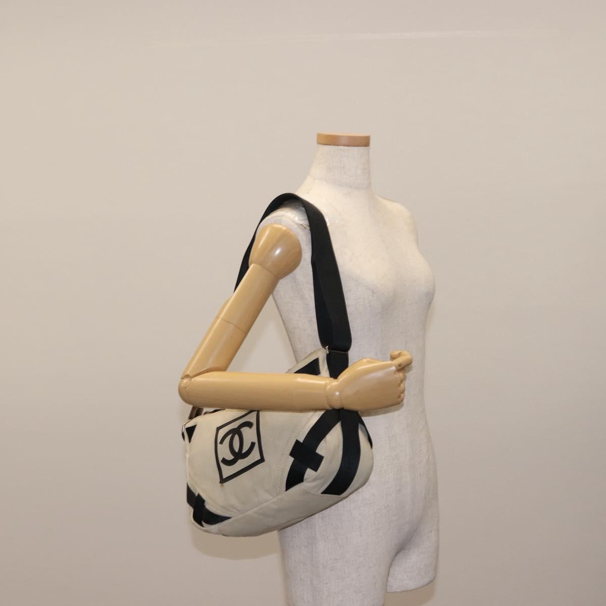 CHANEL Sports COCO Mark Shoulder Bag Canvas Beige Silver CC Auth 146878