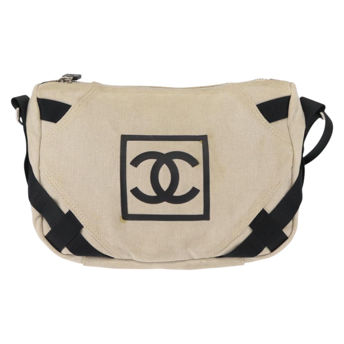 CHANEL Sports COCO Mark Shoulder Bag Canvas Beige Silver CC Auth 146878