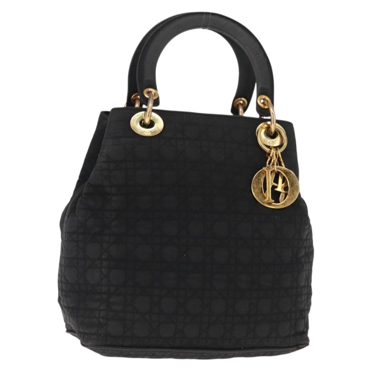 Christian Dior Lady Dior Canage Hand Bag Nylon Black Gold Auth 146913