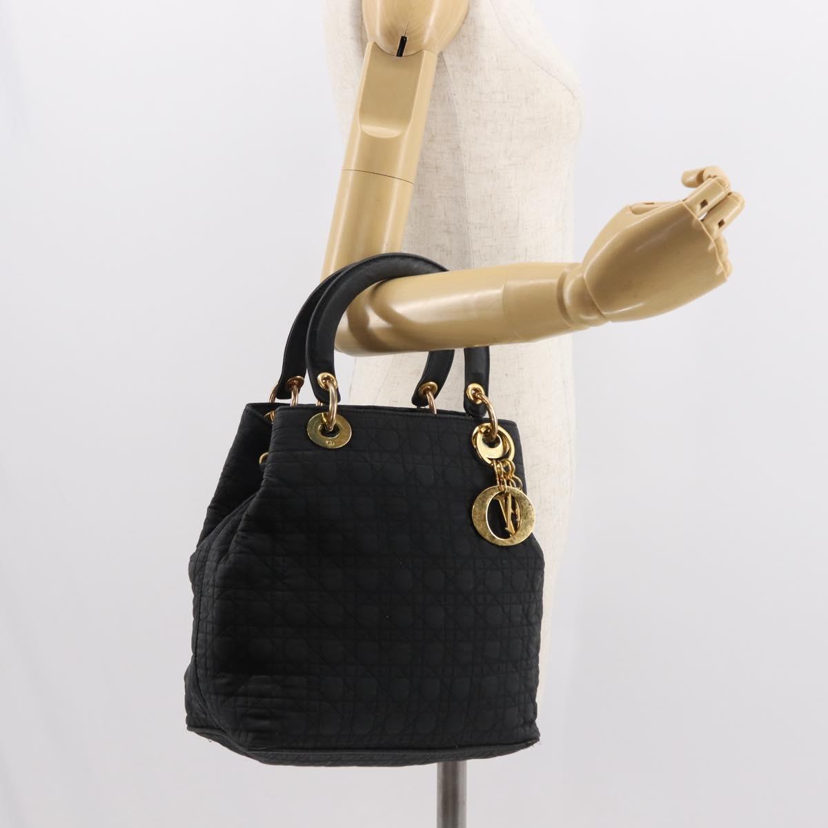 Christian Dior Lady Dior Canage Hand Bag Nylon Black Gold Auth 146913