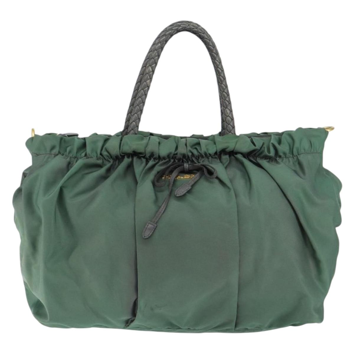 PRADA Hand Bag Nylon Green Gold Auth 146925