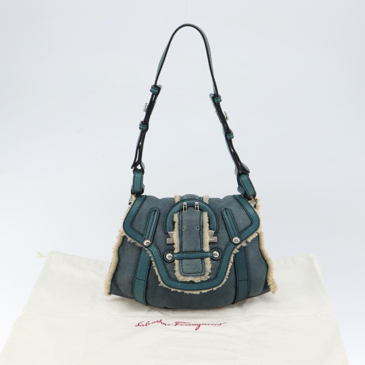 Salvatore Ferragamo Gancini Shoulder Bag Mouton Green Silver Auth 146931V