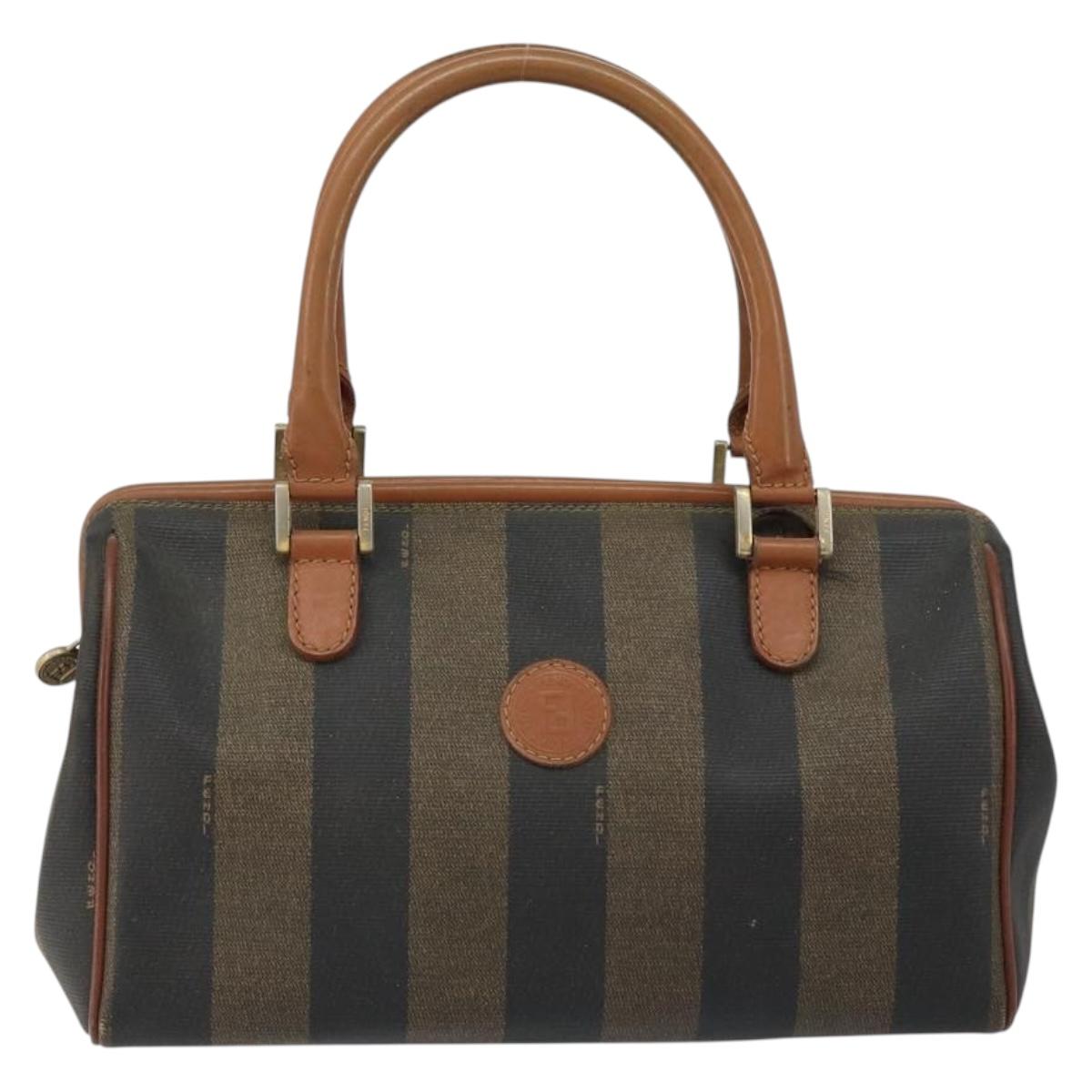 FENDI Pecan Canvas Hand Bag PVC Brown Gold Auth 146932