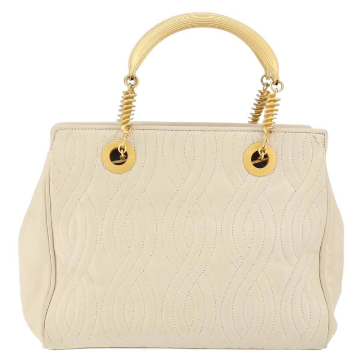FENDI Wave Stitch Hand Bag Leather Ivory Gold Auth 146950