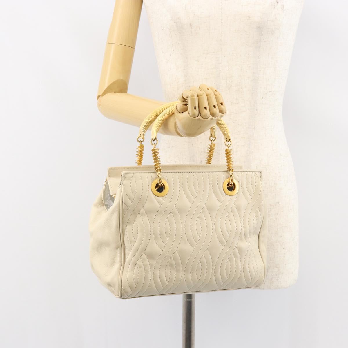 FENDI Wave Stitch Hand Bag Leather Ivory Gold Auth 146950