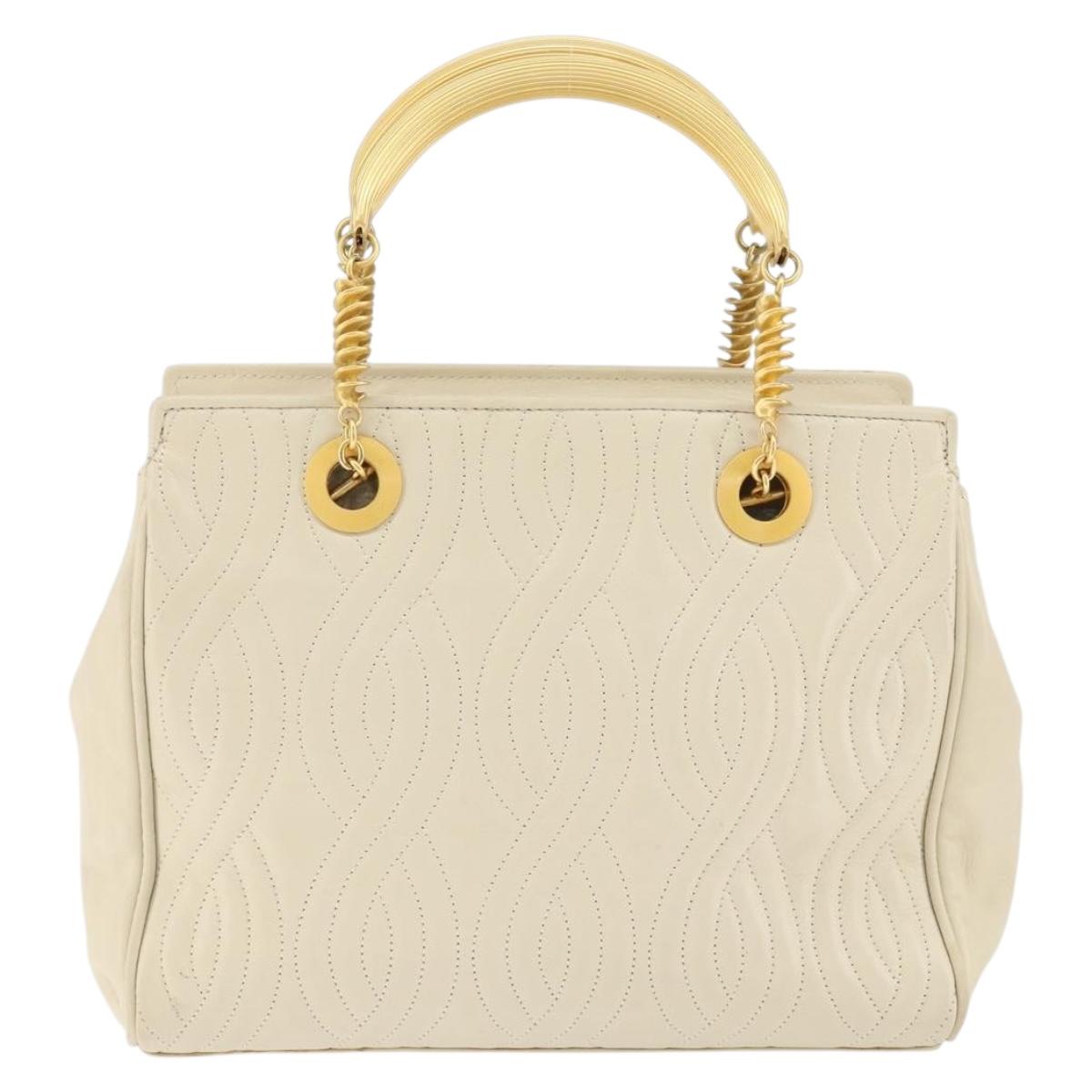 FENDI Wave Stitch Hand Bag Leather Ivory Gold Auth 146950