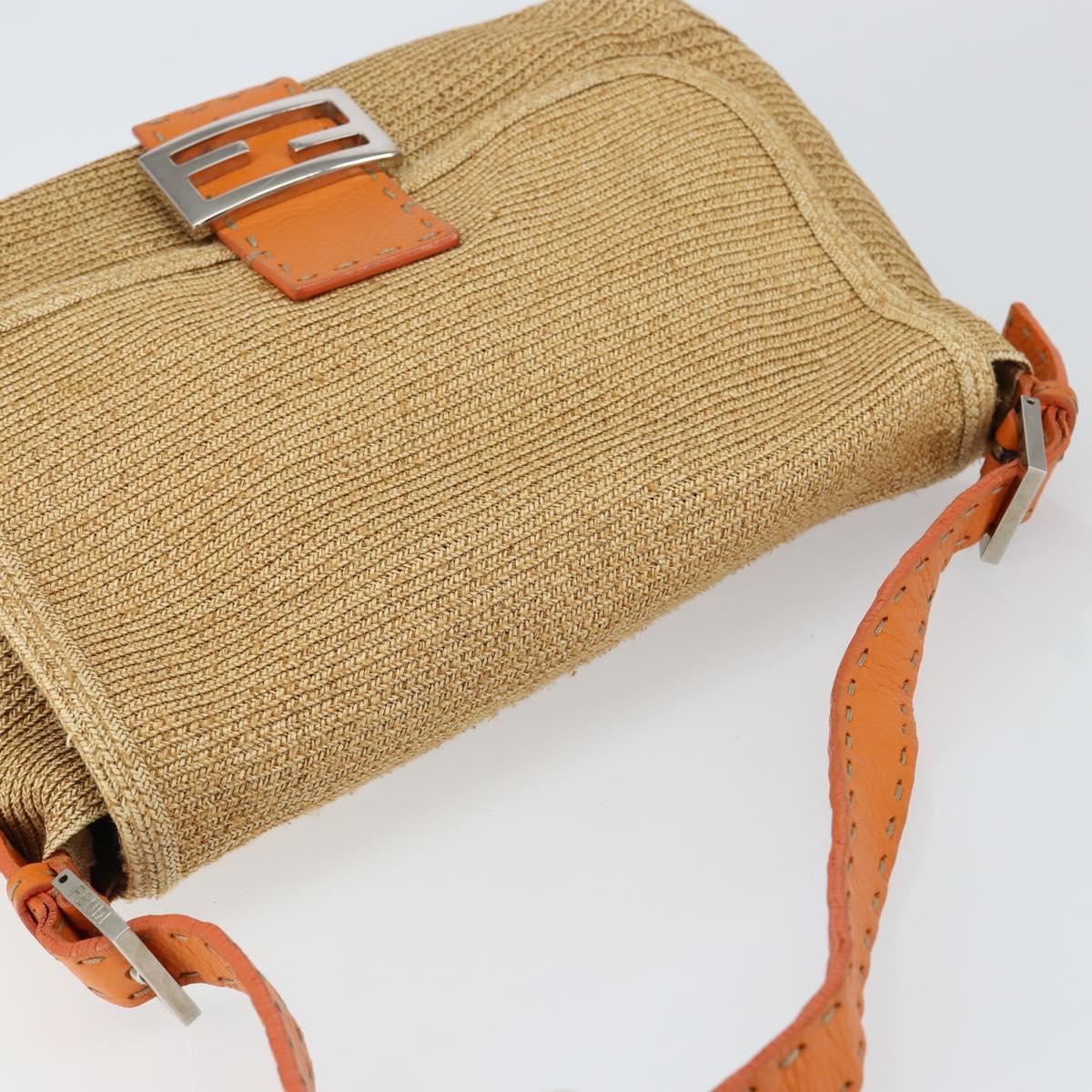 FENDI Celeria Mamma Baguette Shoulder Bag Raffia Beige Silver Auth 146952