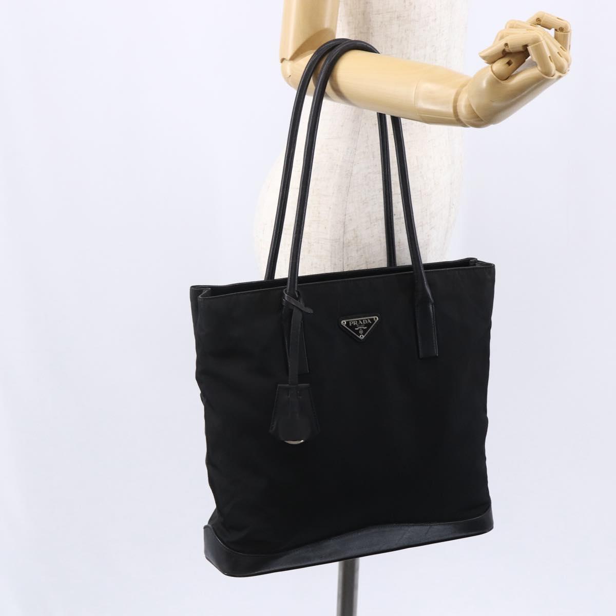 PRADA Tote Bag Nylon Black Silver Auth 146966