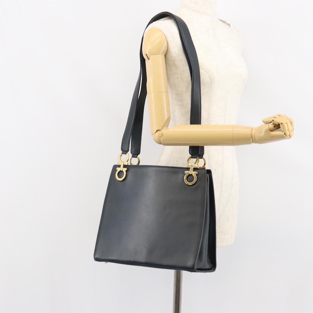 Salvatore Ferragamo Gancini Tote Bag Leather Navy Gold Auth 146978