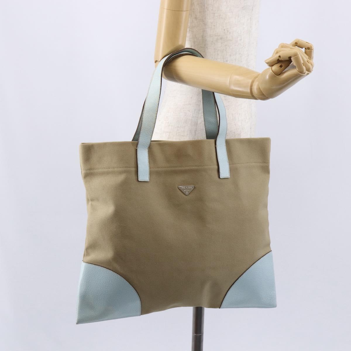 PRADA Hand Bag Canvas Beige Silver Auth 146982