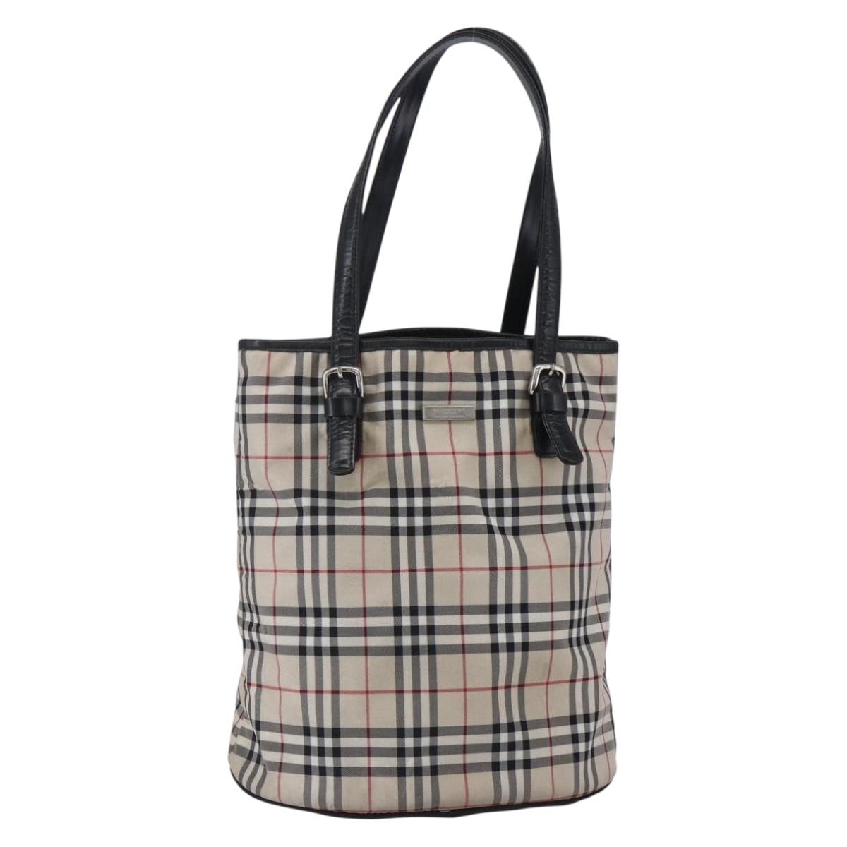 BURBERRY Nova Check Tote Bag Nylon Beige Silver Auth 146983