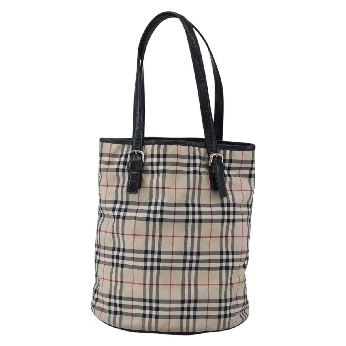 BURBERRY Nova Check Tote Bag Nylon Beige Silver Auth 146983