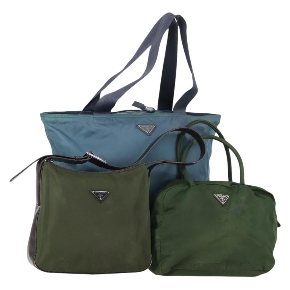PRADA Tote Bag Nylon 3Set Green Blue Auth 146985