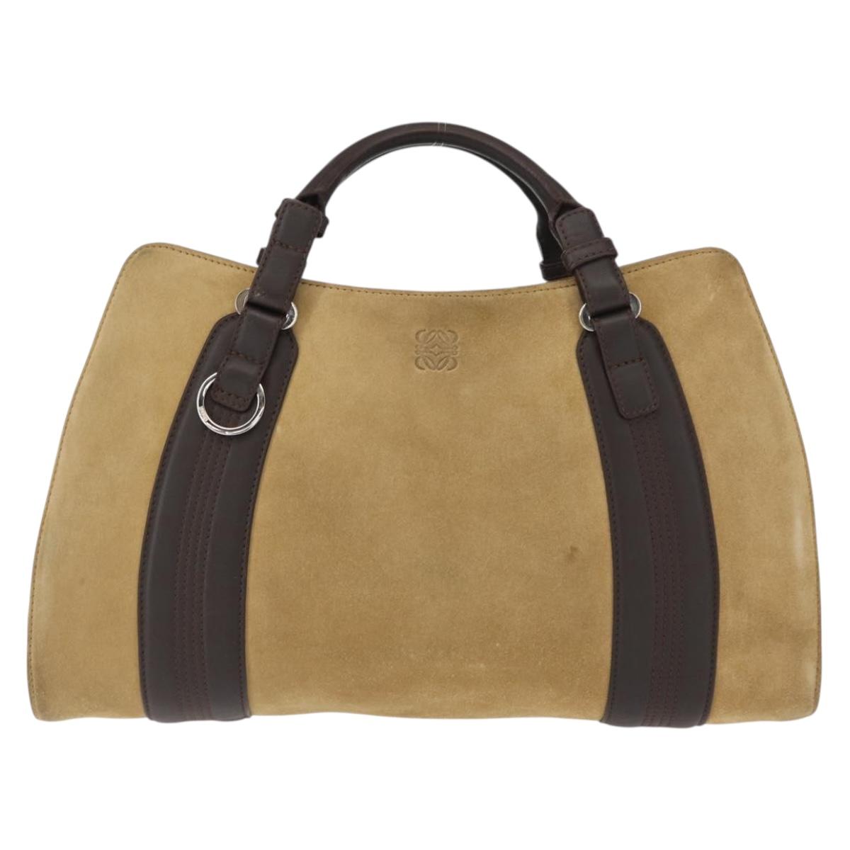 LOEWE Anagram Hand Bag Suede Beige Gold Auth 146998