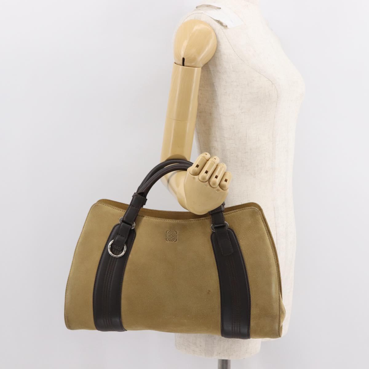 LOEWE Anagram Hand Bag Suede Beige Gold Auth 146998