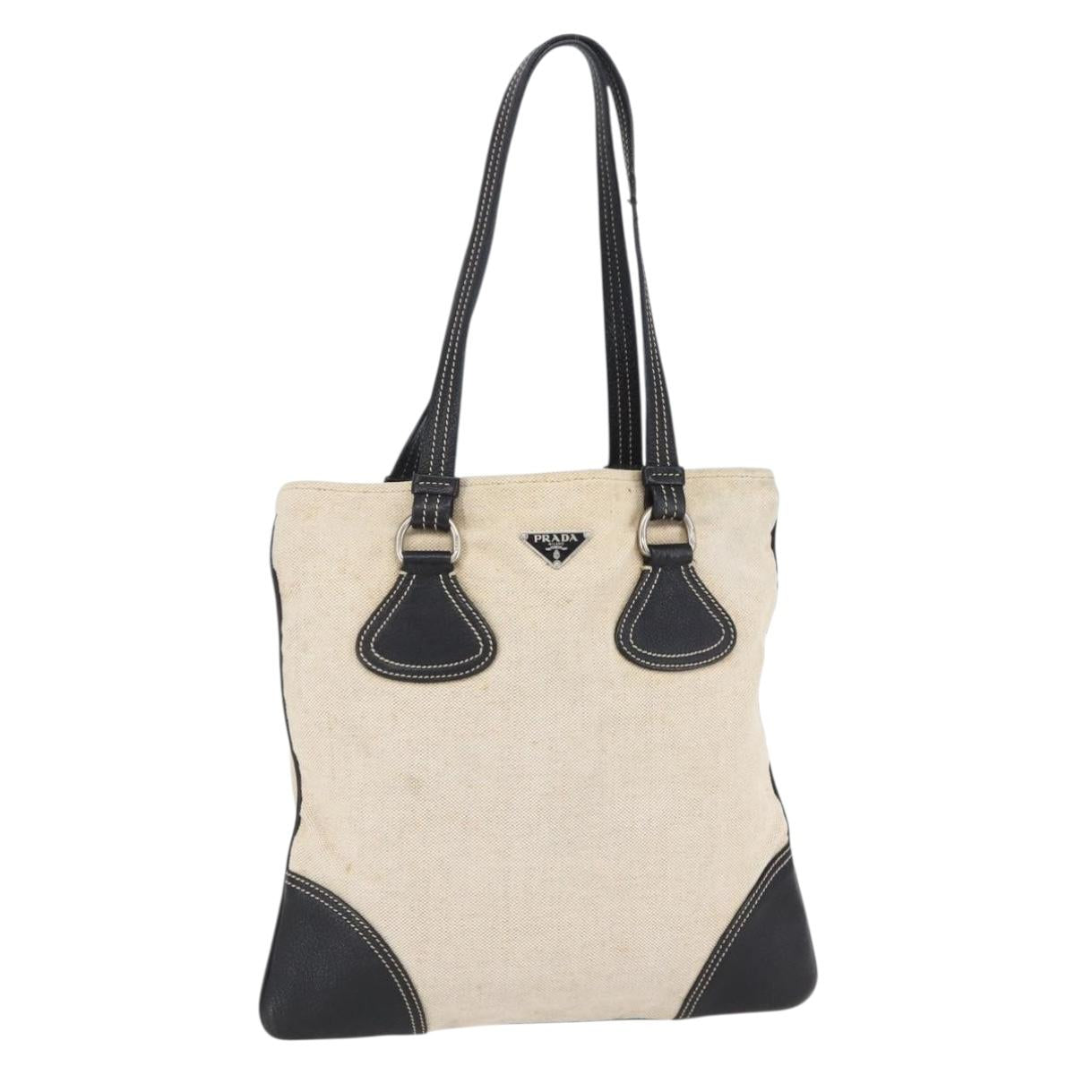 PRADA Hand Bag Canvas Beige Silver Auth 147009