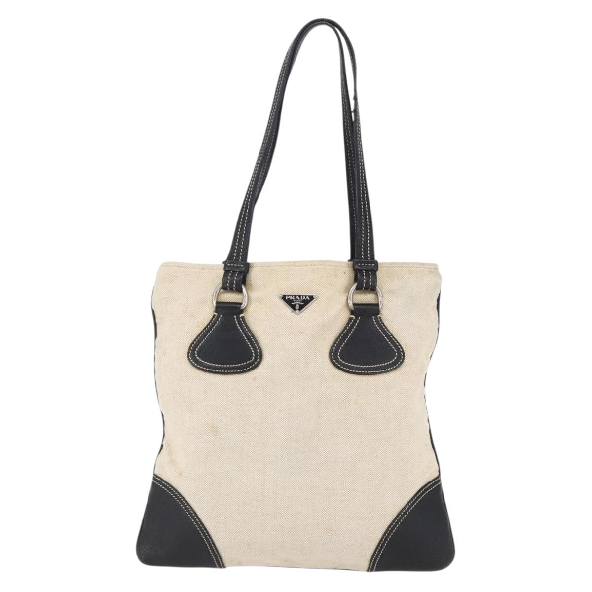 PRADA Hand Bag Canvas Beige Silver Auth 147009