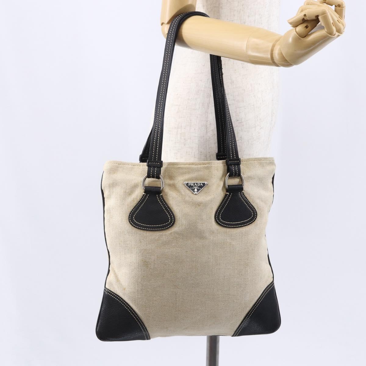 PRADA Hand Bag Canvas Beige Silver Auth 147009