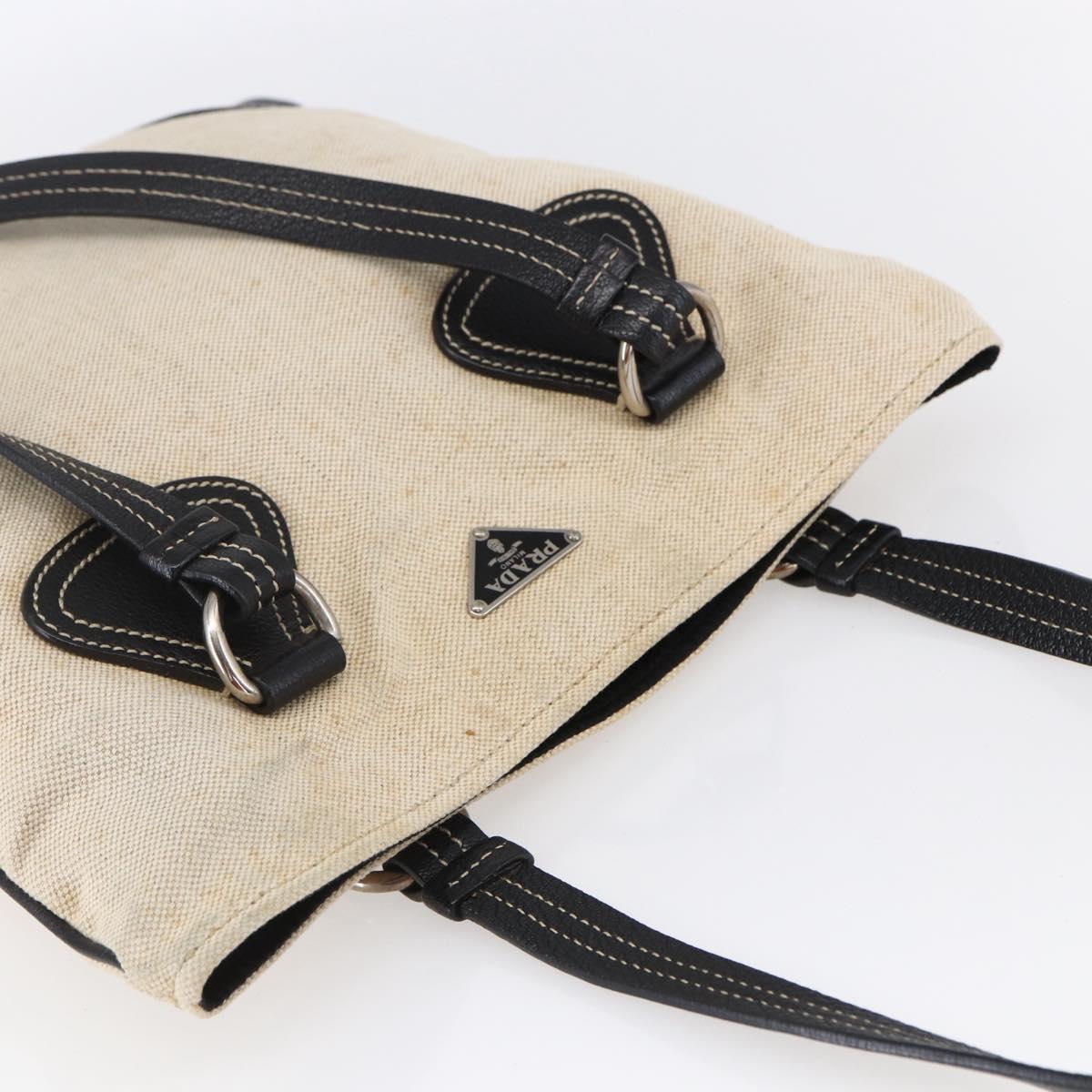 PRADA Hand Bag Canvas Beige Silver Auth 147009