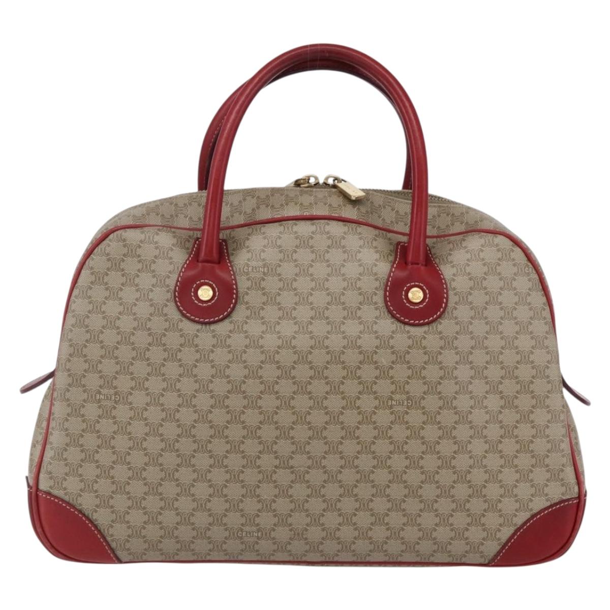 CELINE Macadam Canvas Hand Bag PVC Beige Red gold Auth 147076