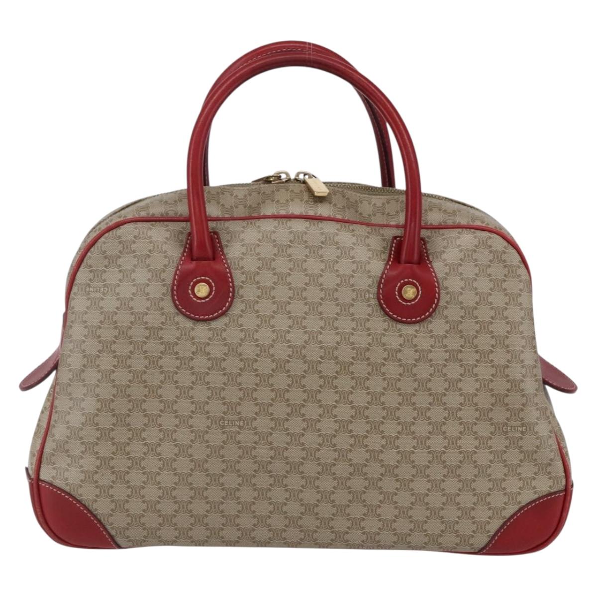 CELINE Macadam Canvas Hand Bag PVC Beige Red gold Auth 147076