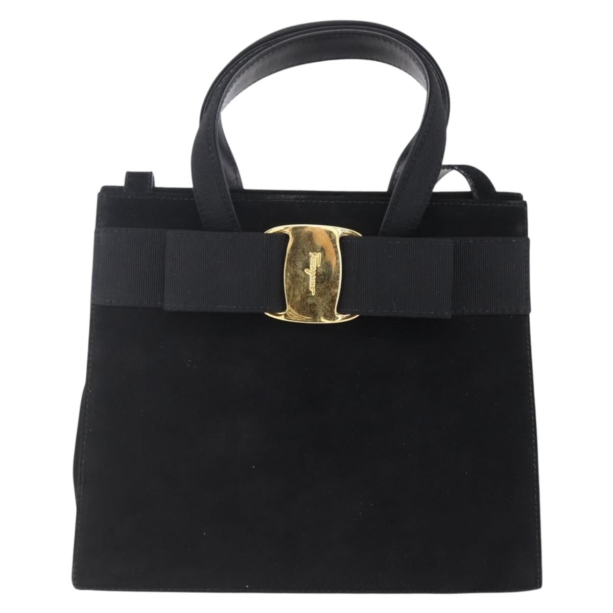 Salvatore Ferragamo Vala Hand Bag Suede 2way Black Gold Auth 147079