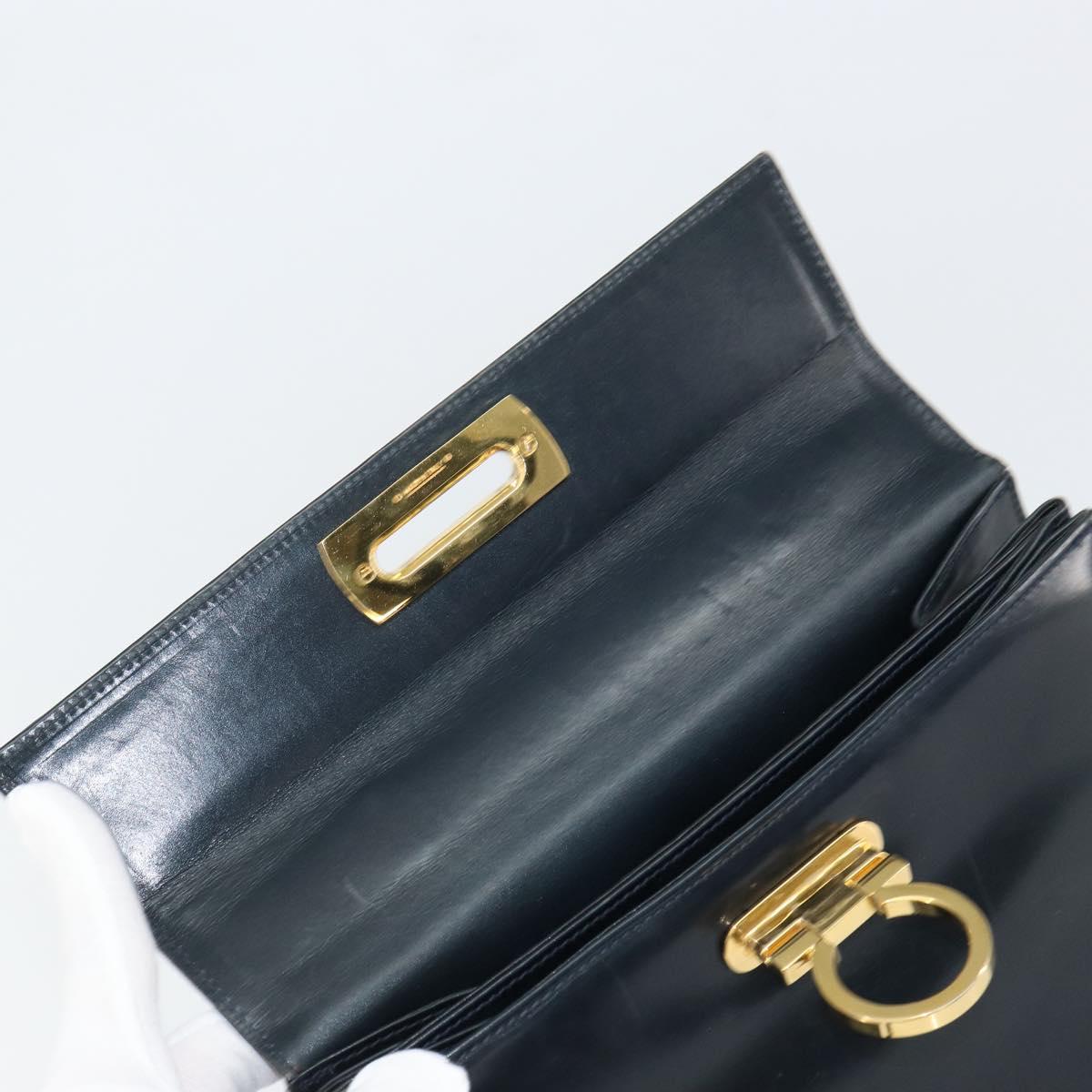 Salvatore Ferragamo Gancini Hand Bag Leather 2way Navy Gold Auth 147081