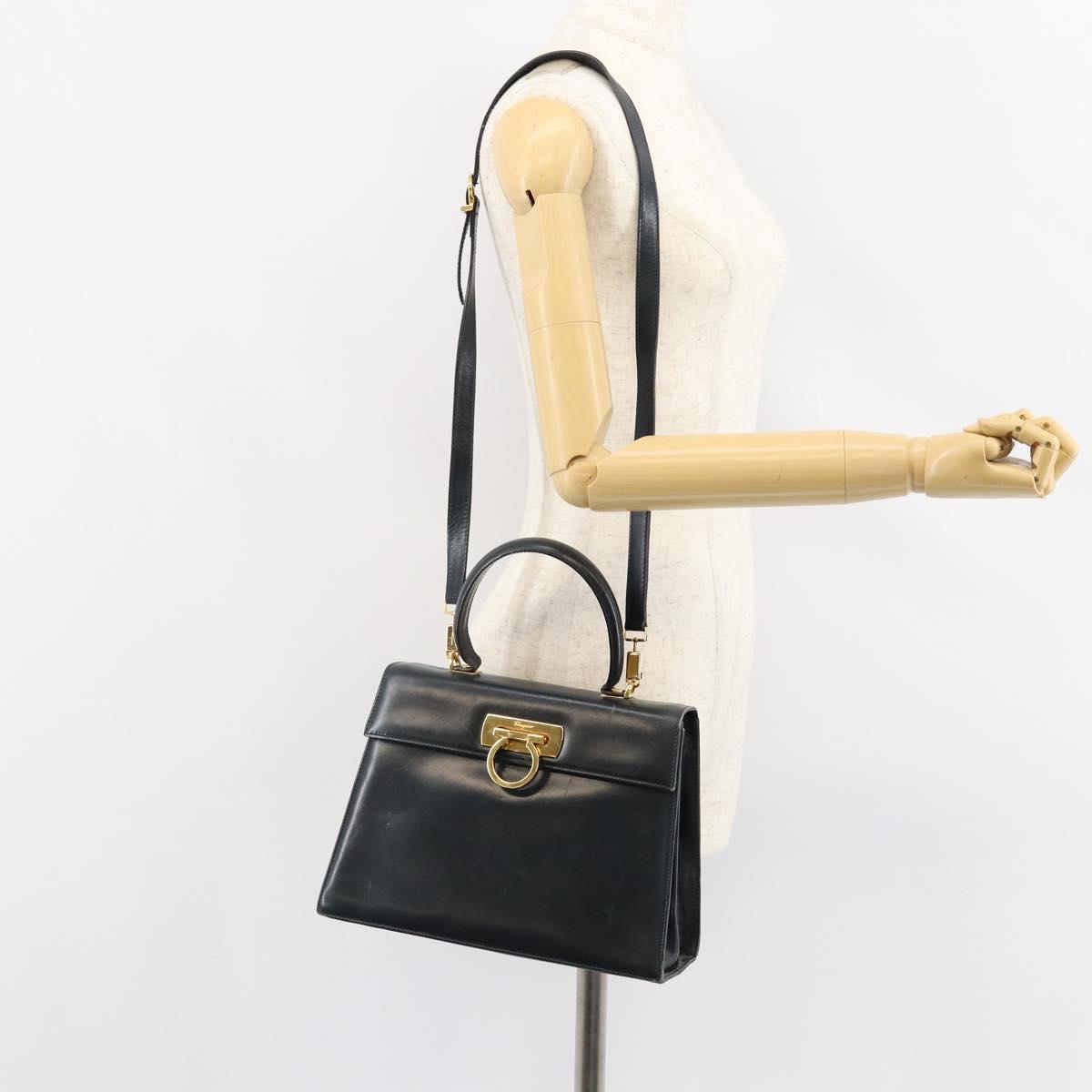 Salvatore Ferragamo Gancini Hand Bag Leather 2way Navy Gold Auth 147081