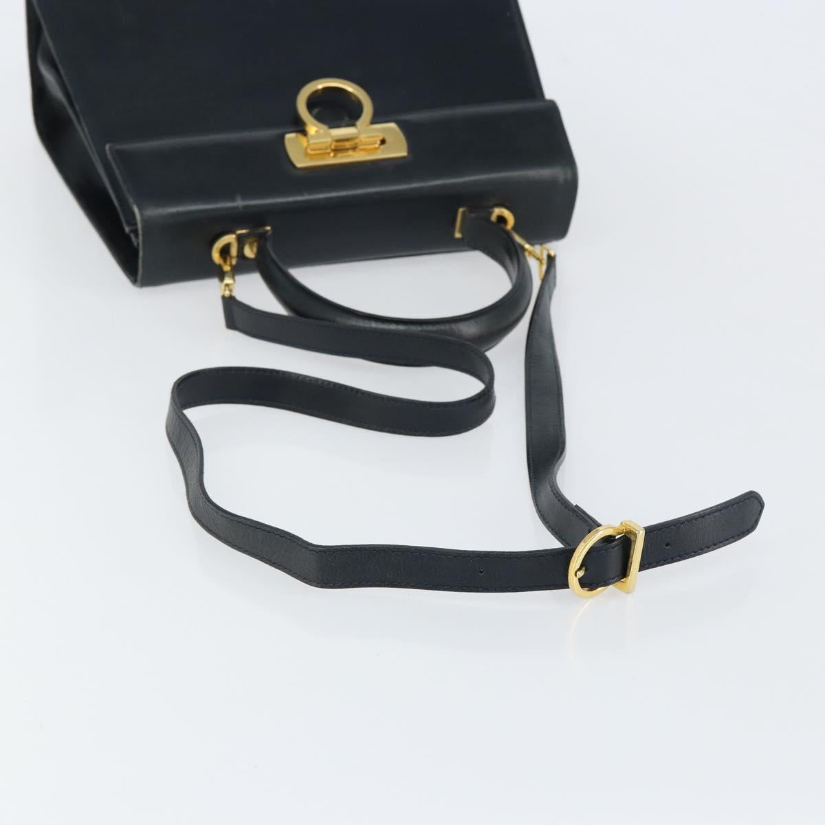 Salvatore Ferragamo Gancini Hand Bag Leather 2way Navy Gold Auth 147081