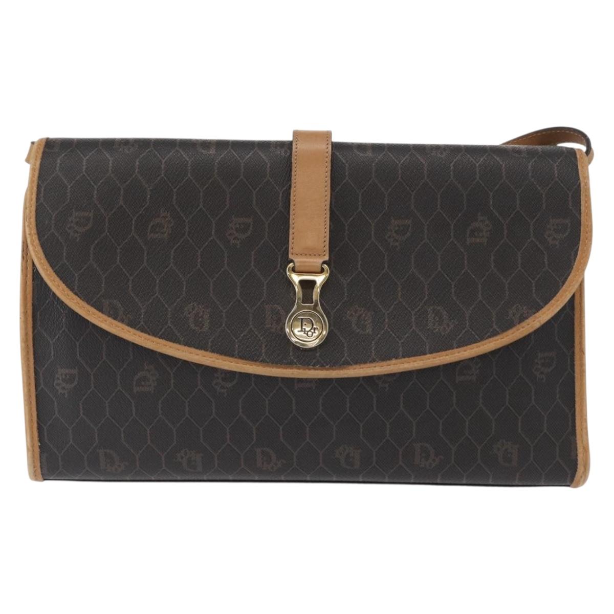 Christian Dior Honeycomb Canvas Shoulder Bag PVC Black Gold Auth 147083