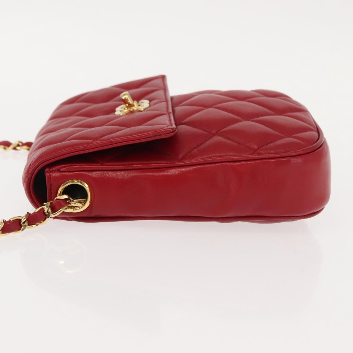CHANEL Matelasse Chain Shoulder Bag Lamb Skin Red Gold CC Auth 147088