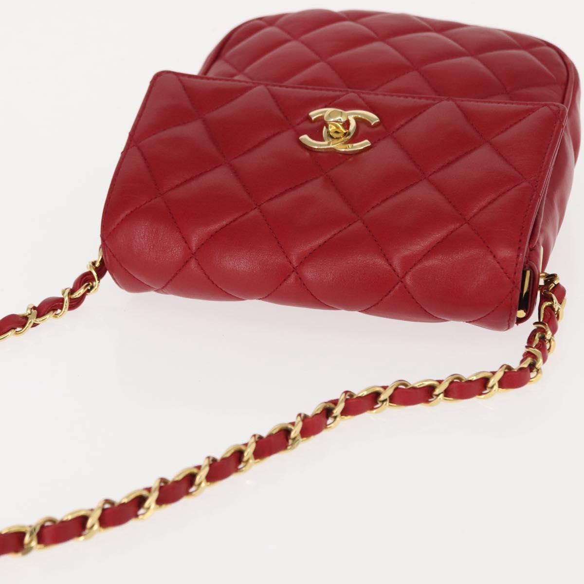 CHANEL Matelasse Chain Shoulder Bag Lamb Skin Red Gold CC Auth 147088
