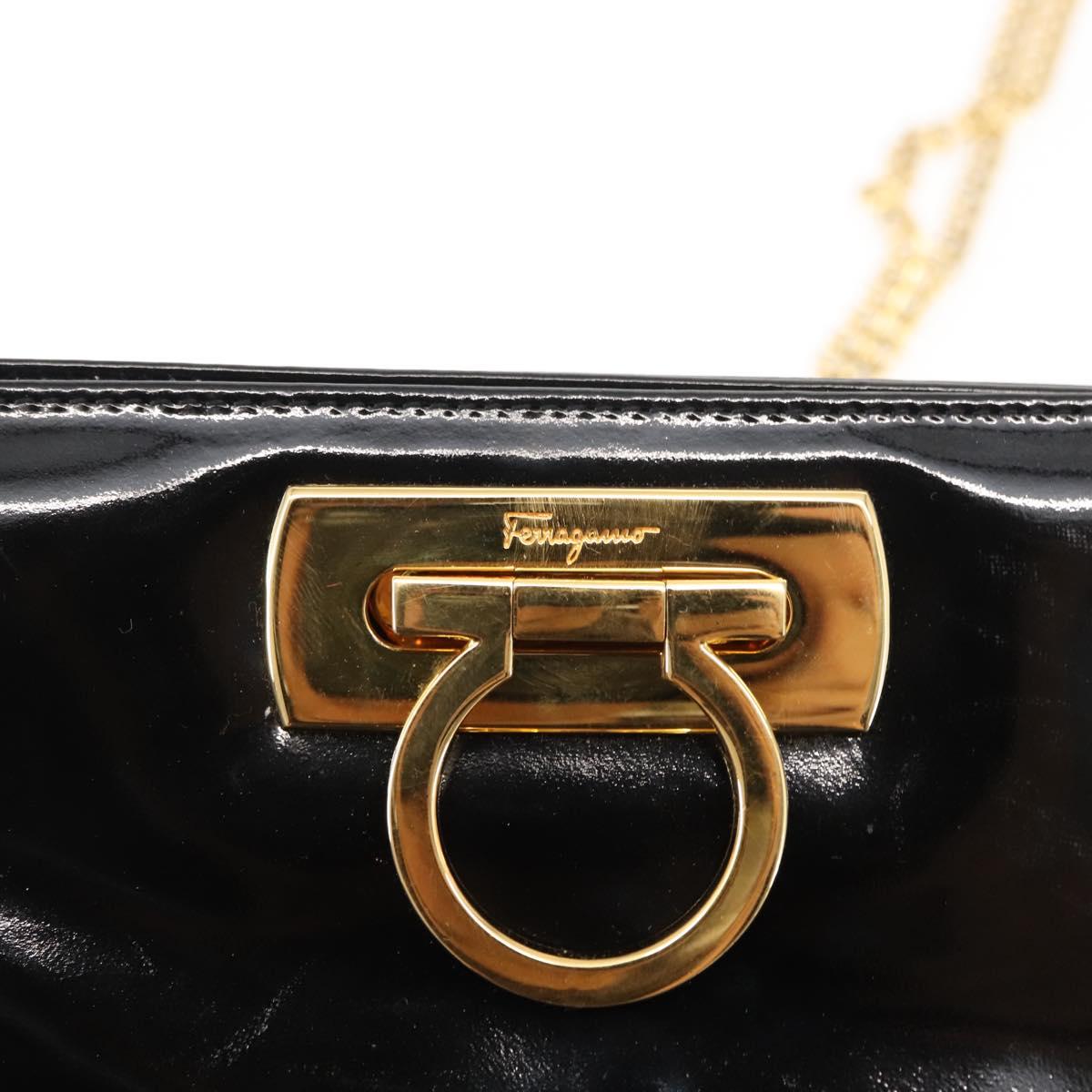 Salvatore Ferragamo Chain Gancini Shoulder Bag Enamel Black Gold Auth 147138