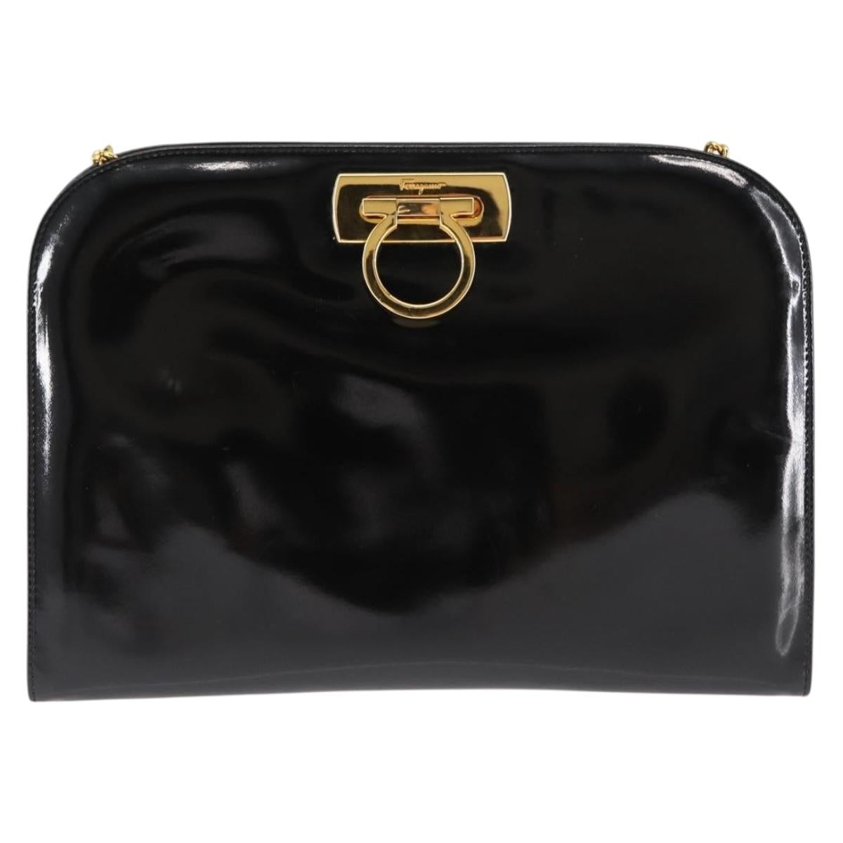 Salvatore Ferragamo Chain Gancini Shoulder Bag Enamel Black Gold Auth 147138