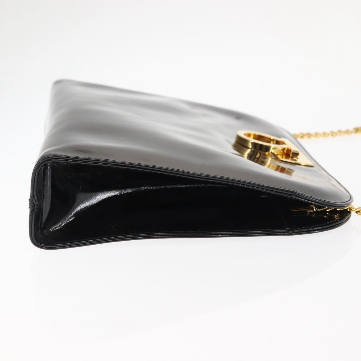 Salvatore Ferragamo Chain Gancini Shoulder Bag Enamel Black Gold Auth 147138