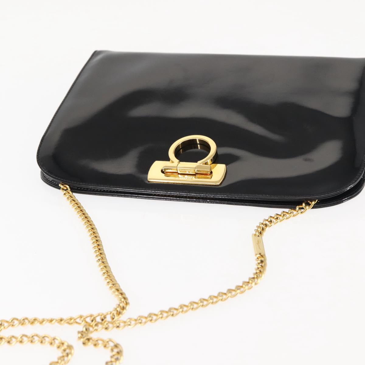 Salvatore Ferragamo Chain Gancini Shoulder Bag Enamel Black Gold Auth 147138