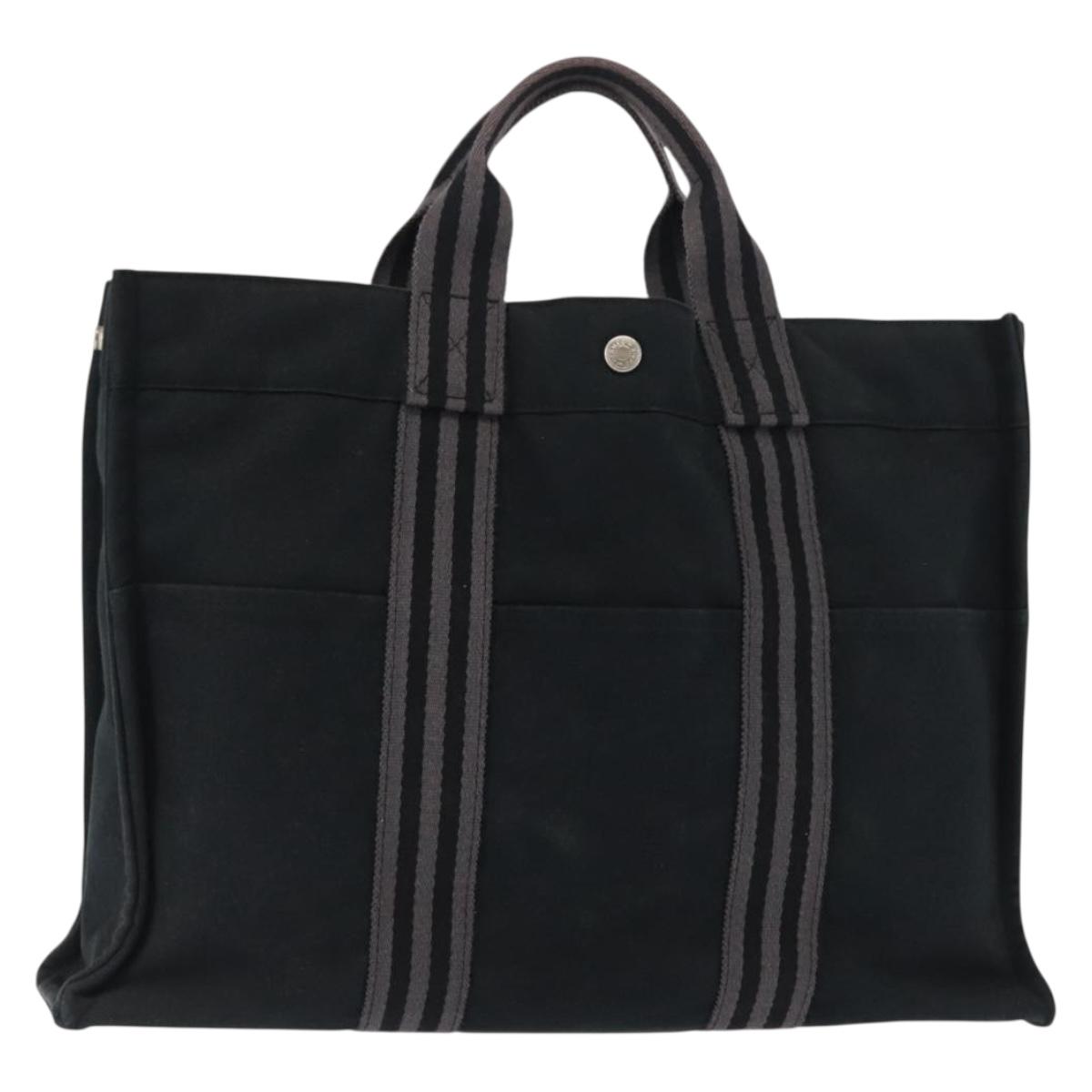HERMES Fourre Tout MM Hand Bag Canvas Black Silver Auth 147142