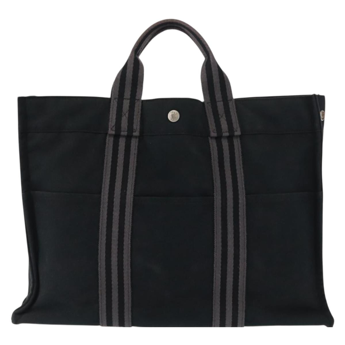 HERMES Fourre Tout MM Hand Bag Canvas Black Silver Auth 147142