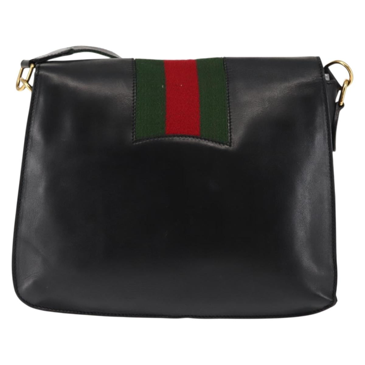 GUCCI Web Sherry Line Shoulder Bag Leather Black Gold 001 1014 1660 Auth 147145