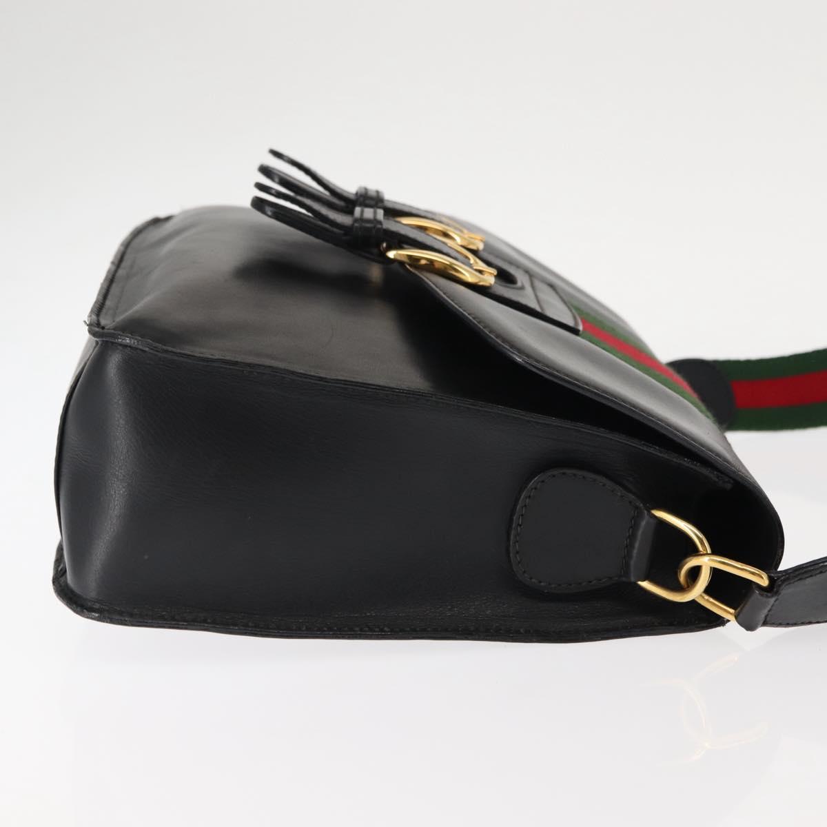 GUCCI Web Sherry Line Shoulder Bag Leather Black Gold 001 1014 1660 Auth 147145