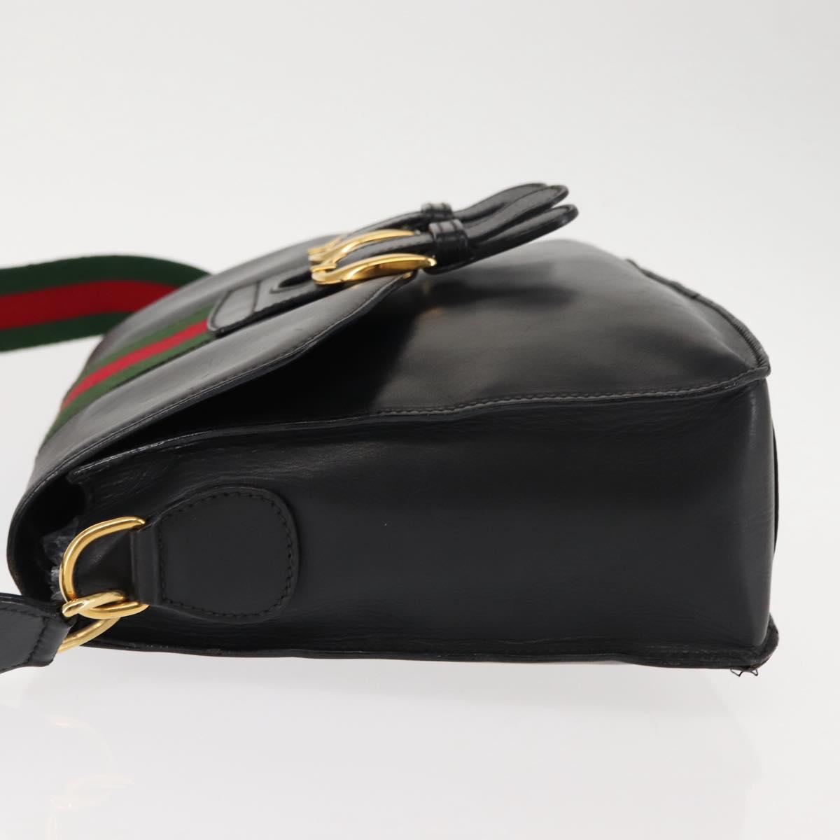 GUCCI Web Sherry Line Shoulder Bag Leather Black Gold 001 1014 1660 Auth 147145