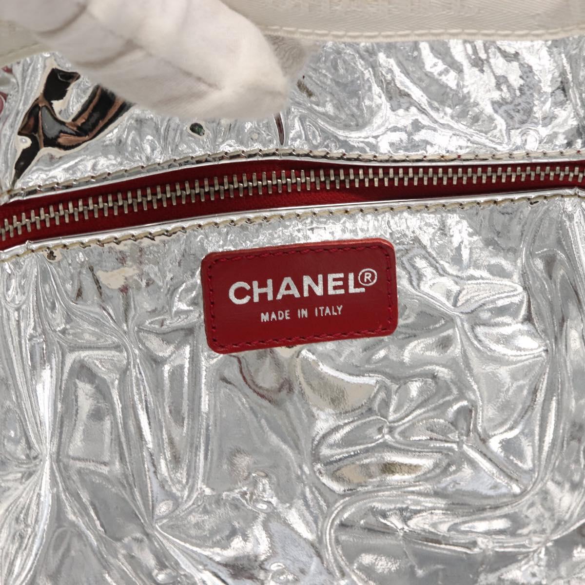 CHANEL Choco Bar Chain Tote Bag No5 Canvas Navy Silver CC Auth 147149