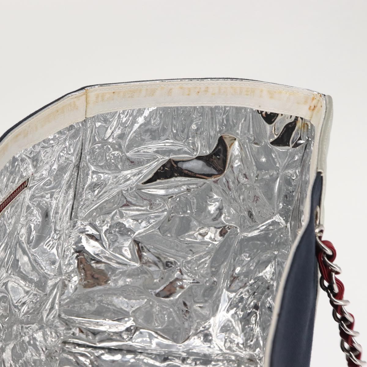 CHANEL Choco Bar Chain Tote Bag No5 Canvas Navy Silver CC Auth 147149