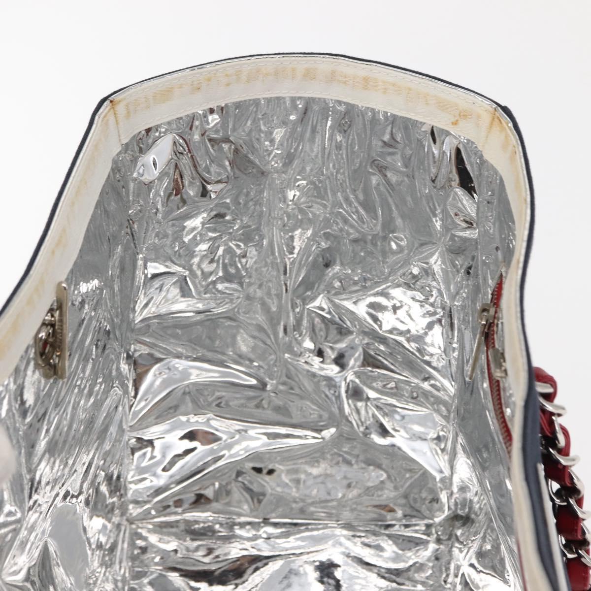 CHANEL Choco Bar Chain Tote Bag No5 Canvas Navy Silver CC Auth 147149