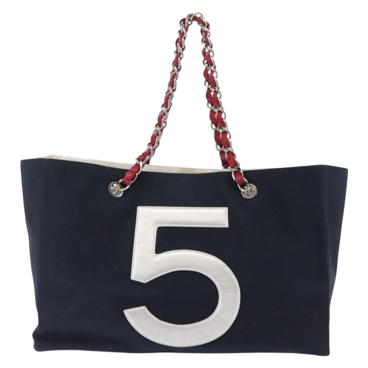 CHANEL Choco Bar Chain Tote Bag No5 Canvas Navy Silver CC Auth 147149
