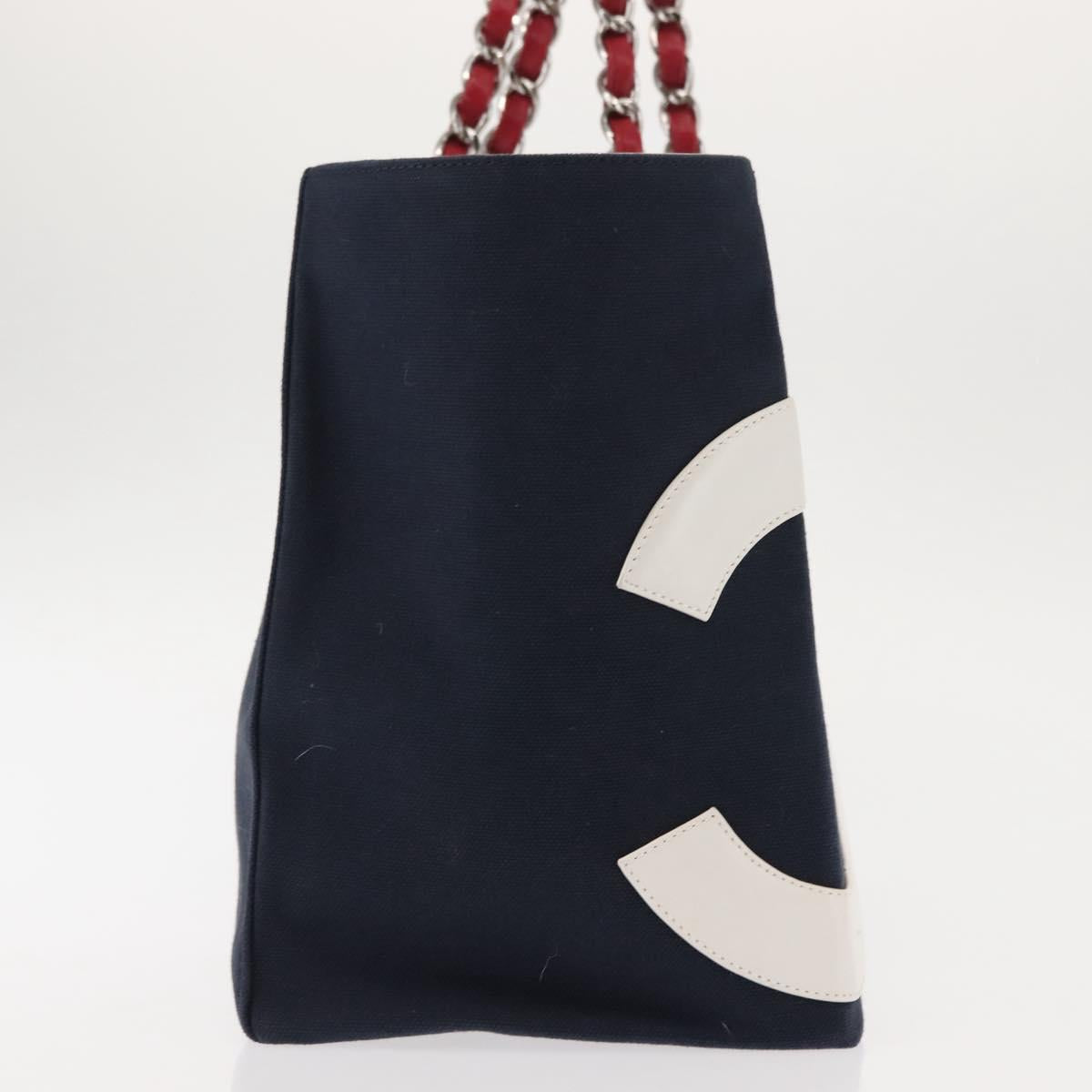 CHANEL Choco Bar Chain Tote Bag No5 Canvas Navy Silver CC Auth 147149