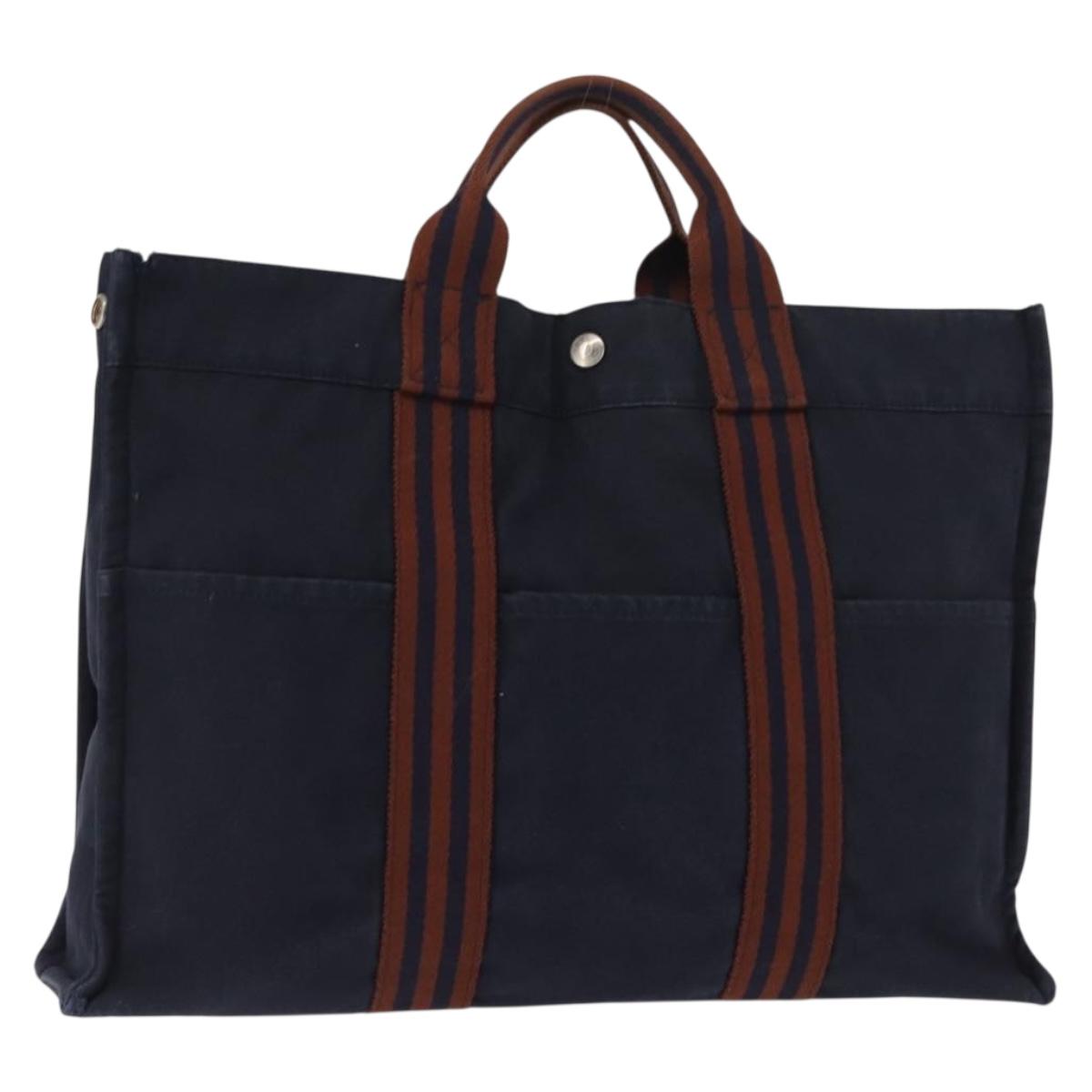 HERMES Fourre ToutMM Hand Bag Canvas Navy Brown Auth 147150